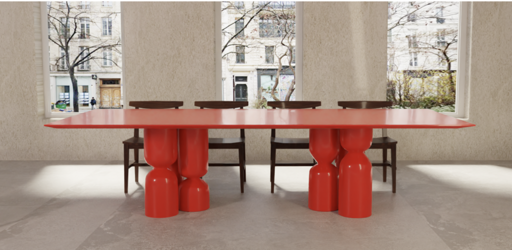 table à manger oversize, plateau en bois massif et peinture laquée rouge vif, mobilier artisanal haut de gamme 