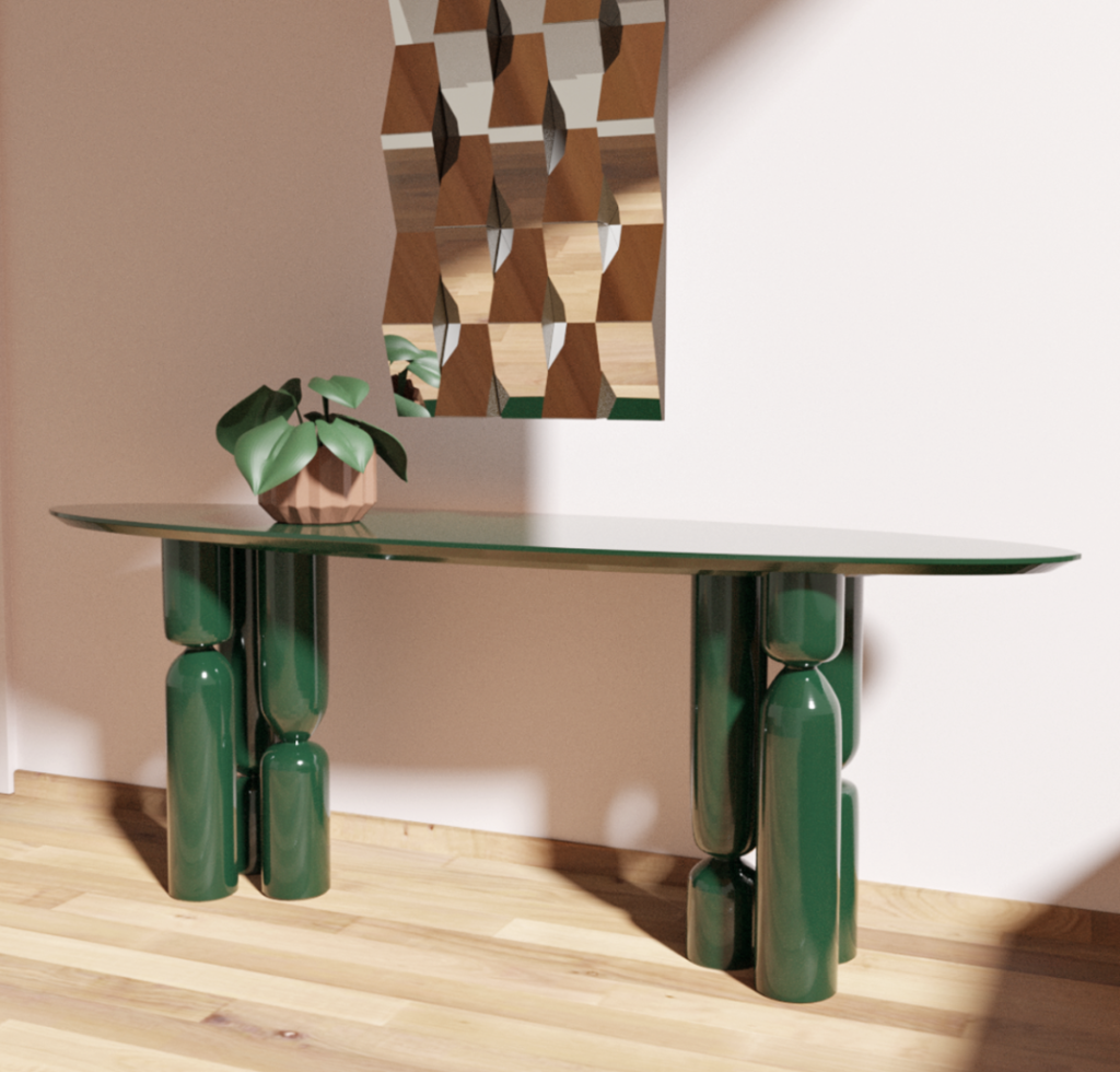 table console, plateau en bois massif portugais, peinture laquée, design épuré sur mesure