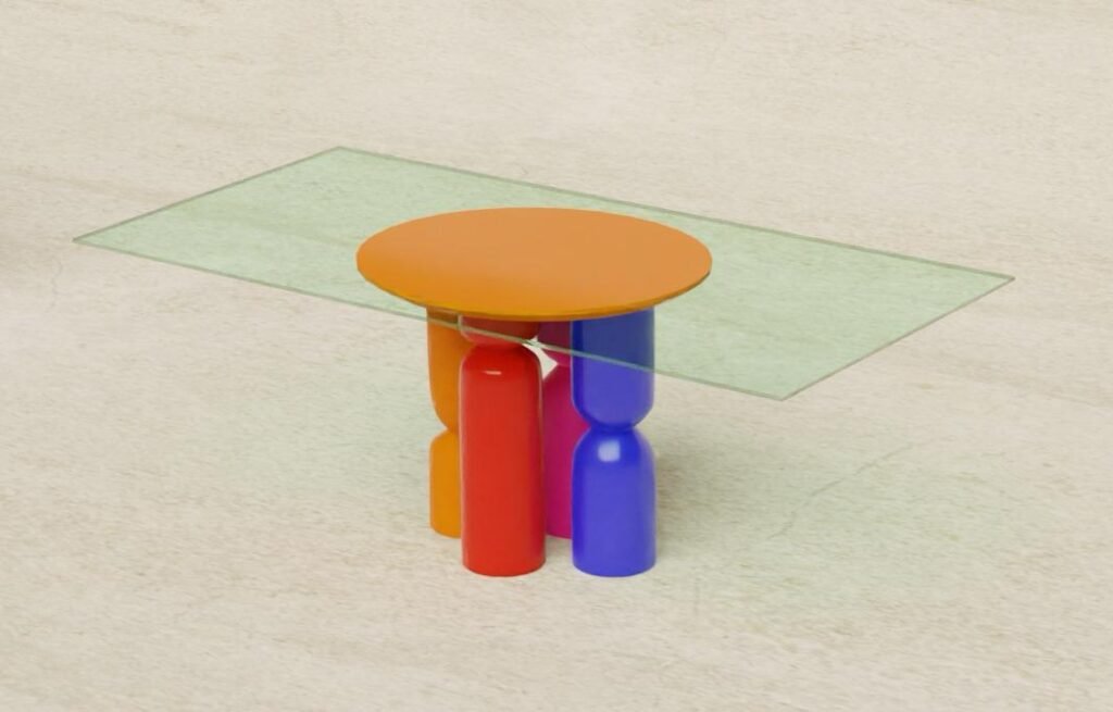 table de centre moderne très colorée et design, en verre et peinture laquée, mobilier artisanal haut de gamme sur mesure